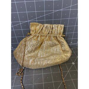 Vintage Vanessa Gold Pouch Clutch With Shoulder Strap Satin Lining Metallic